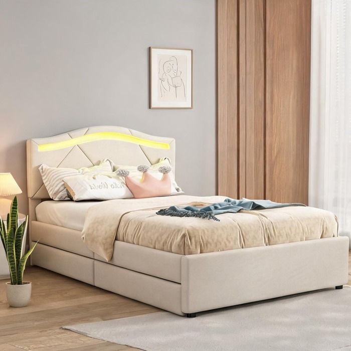 Lit plateforme capitonné 90x200 cm en lin beige neutre avec rangement et LED