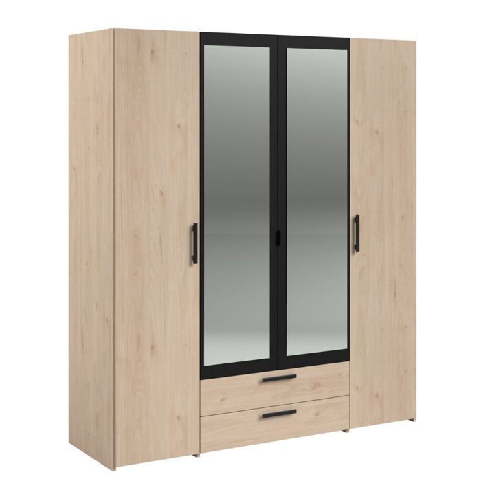 Armoire 4 portes 2 tiroirs aspect bois avec miroir encadrement noir - AMAEL Armoire 4 portes 2 tiroirs aspect bois avec miroir encadrement noir - AMAEL