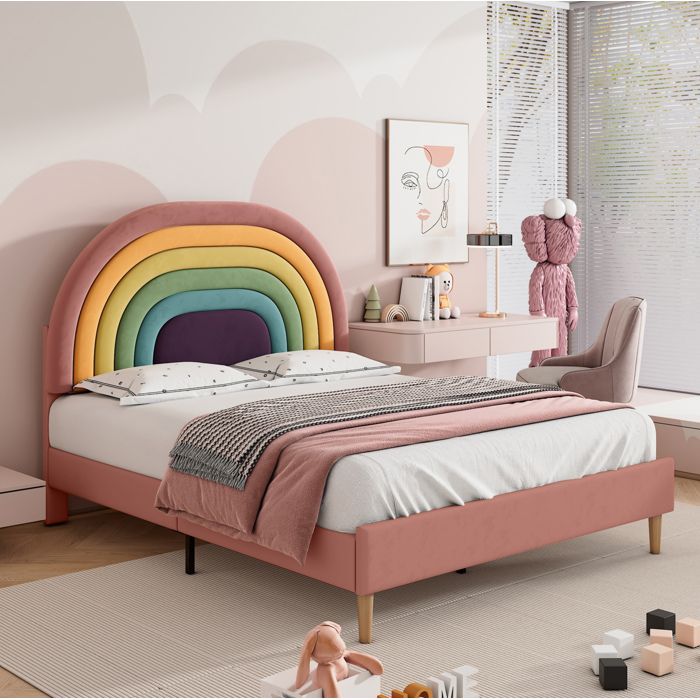 Lit Rembourré 140 x 200 cm Velours Rose Avec Sommier À Lattes Et Tête De Lit Réglable Décor Arc En Ciel