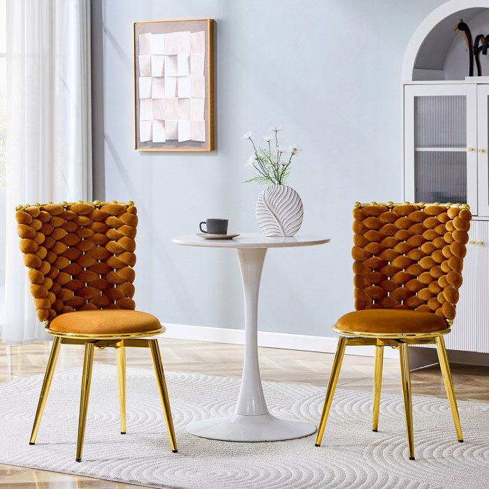 Lot de 2 chaises de salle à manger en velours orange dossier tressé pieds en métal doré style moderne