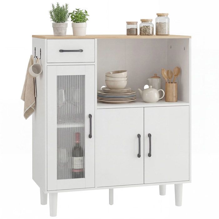 Buffet cuisine - HOMCOM - tiroir 3 portes dont 1 en acrylique cannelée étagère ouverte - bois - 80 x 34 x 91 cm - blanc et chêne Buffet cuisine - HOMCOM - tiroir 3 portes dont 1 en acrylique cannelée étagère ouverte - bois - 80 x 34 x 91 cm - blanc et chêne