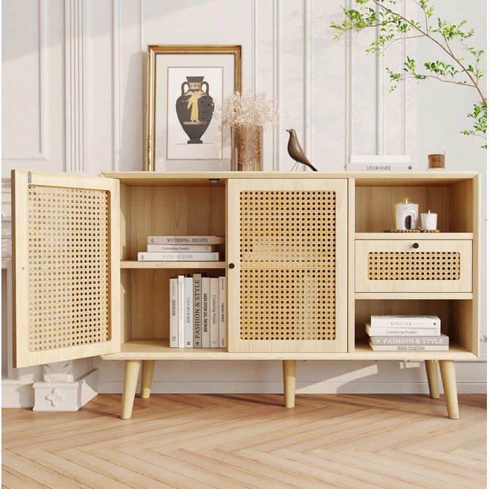 COVREO Buffet bas 120 x 40 x 80 cm avec 2 portes magnétiques 1 tiroir cannage MDF effet chêne