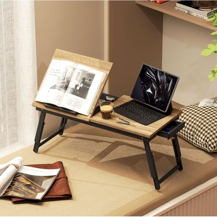 Table de lit pour ordinateur portable réglable en hauteur pliable plateau inclinable 1 tiroir aspect chêne