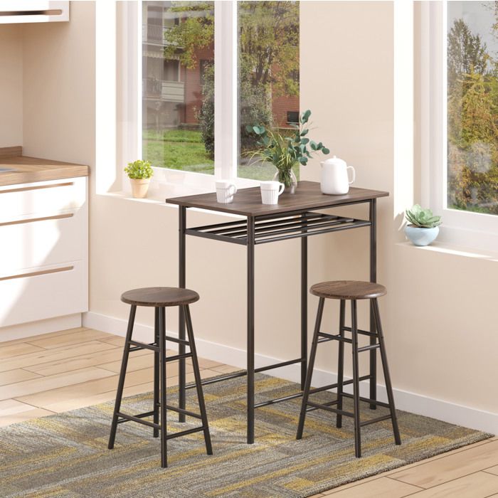 Table Haute de Cuisine 3 Pieces avec 2 Tabourets et Etagere - ELVMI - Industriel Metal et MDF Noir 80×50×90 cm