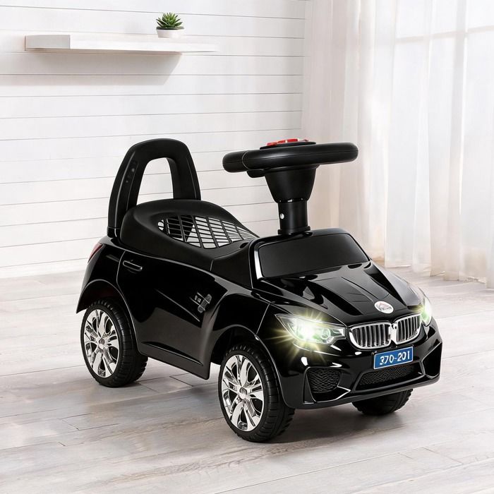 Porteur bébé noir avec coffre à jouets klaxon phares et musique dimensions 63 5 x 28 x 36 cm en PP pour enfants de 18 à 36 mois