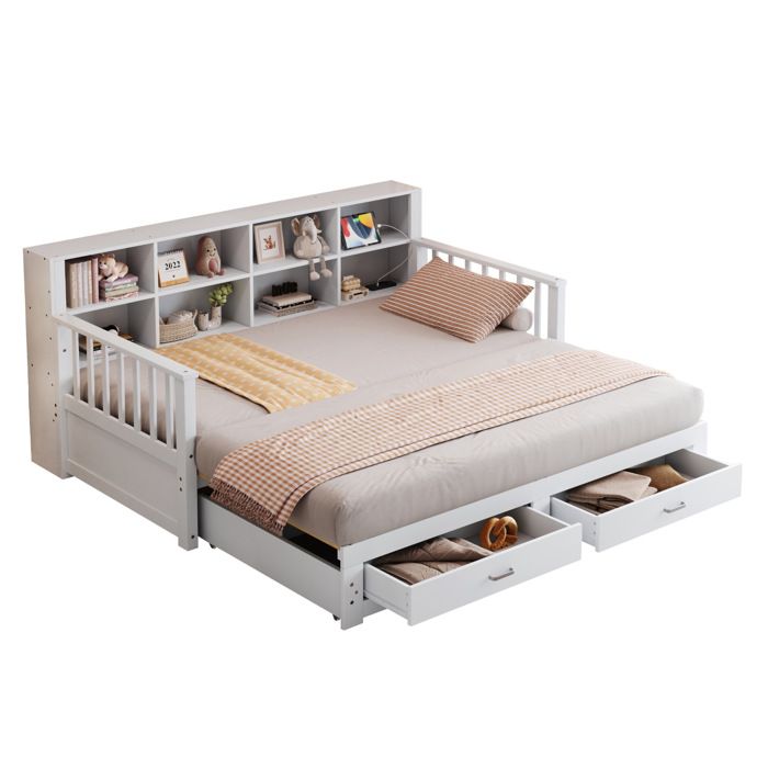 Lit escamotable multifonctionnel 90 x 190 cm extensible en 180 x 190 cm avec rangements 2 tiroirs prise blanc
