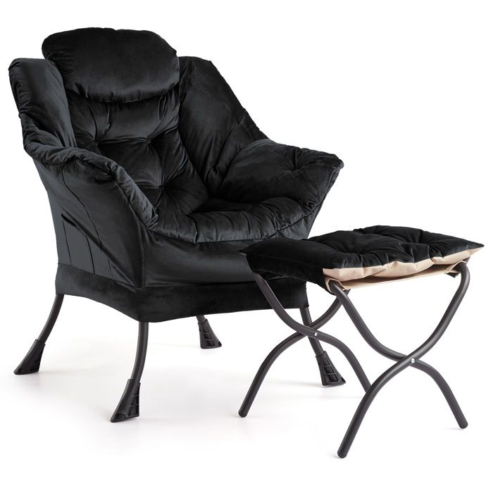 Fauteuil moderne en velours néerlandais avec accoudoirs poche latérale pieds acier et ottoman repose-pieds couleur noir