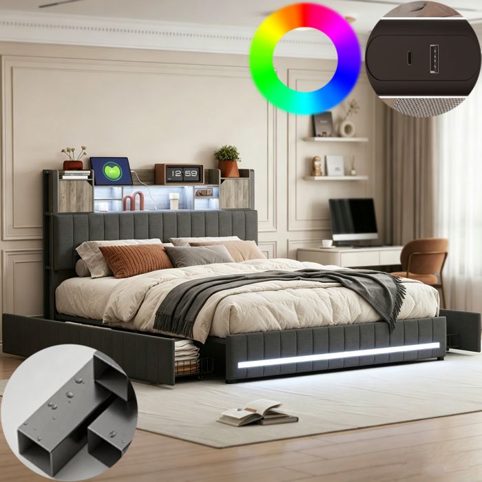 Lit 160x200 avec tiroirs et sommier lit double 160x200 avec LED et ports USB cadre de lit 160x200 tissu en lin gris