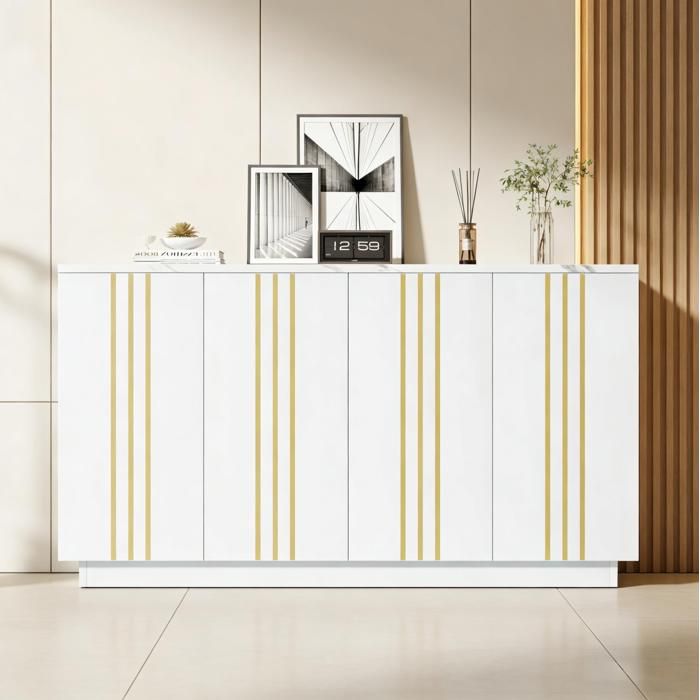 VUENOR Buffet bas 140 cm blanc et doré – 4 portes rangement 2 colis