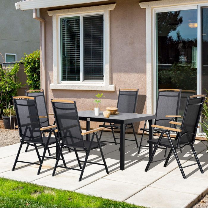 Ensemble table et chaises de jardin 6 personnes pliantes - LPOSPI - Aluminium noir effet bois dossier réglable 7 positions