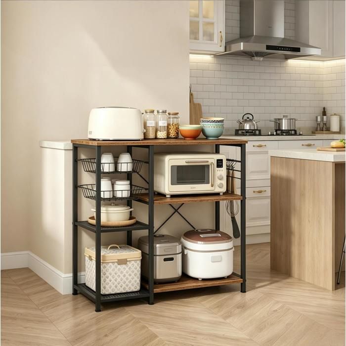 Étagère de cuisine – meuble micro-ondes en métal et bois – noir et marron 90 x 40 x 82 cm