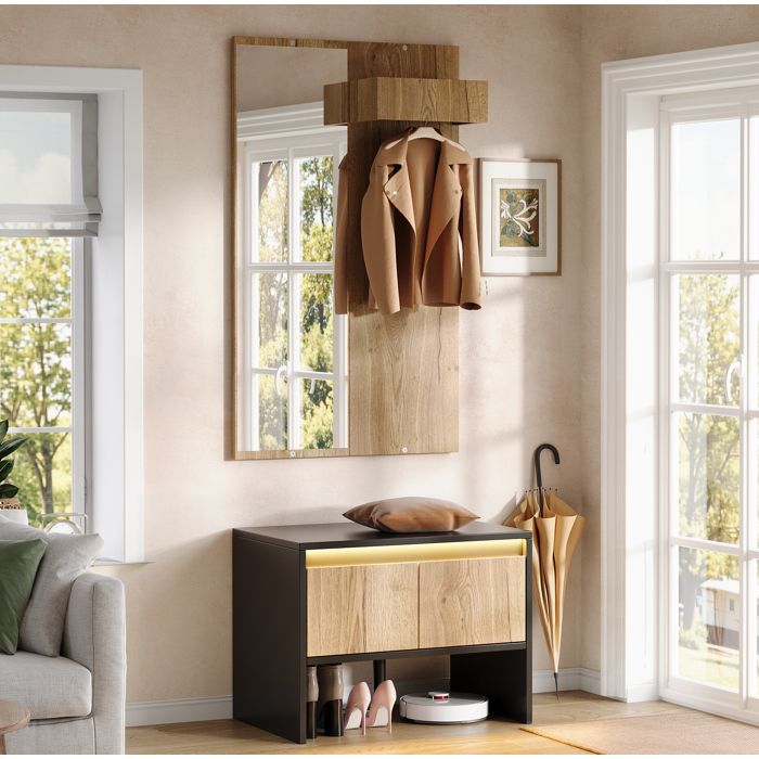Modenuit Meuble d’entrée avec miroir banc à chaussures et 2 tiroirs 60 x 38 x 145 cm noir et naturel