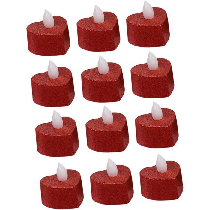 Lot de 12 Bougies LED de Cœur Lampe Bougie Électronique sans Flamme Plastique Rouge Décoration Fête Mariage et Ambiance Romantique