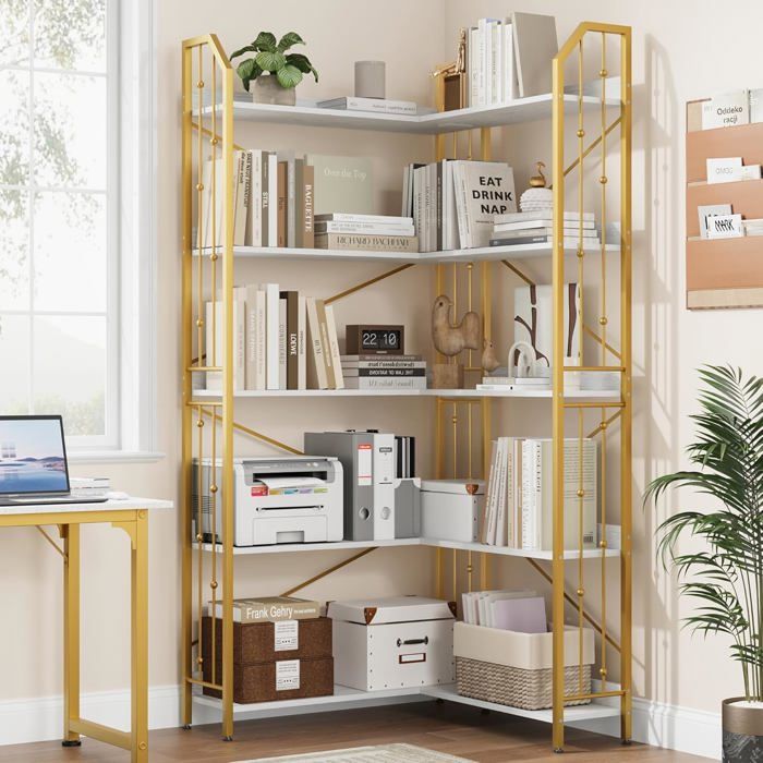 KOIOPLIE Bibliothèque dangle en L 5 niveaux 183 cm étagère industrielle métal MDF rangement ouvert gain de place Or/Blanc