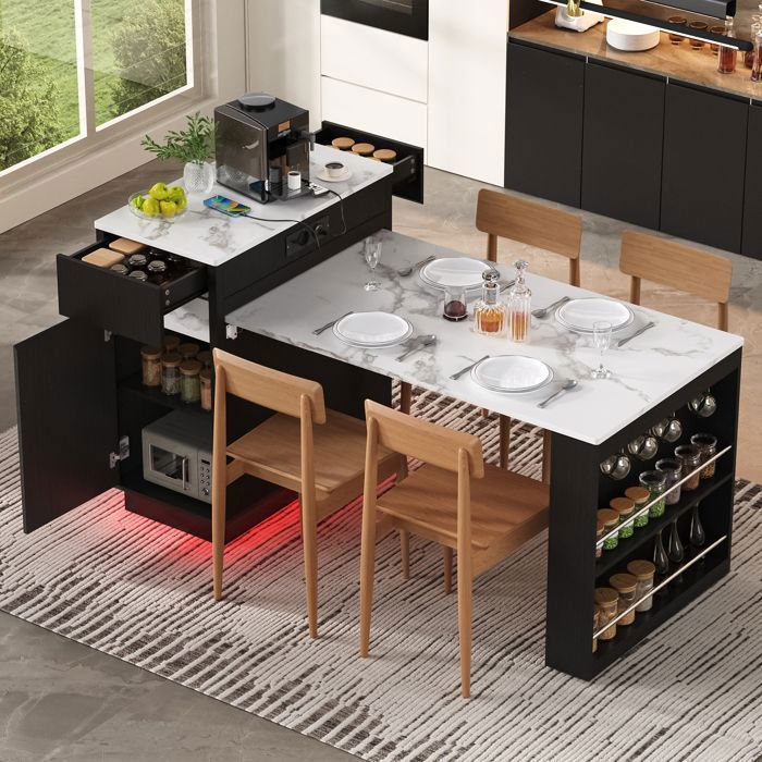 Îlot central de cuisine sur roulettes 58-154cm Table à manger extensible avec plan de travail 4 tiroirs LED ports USB noir