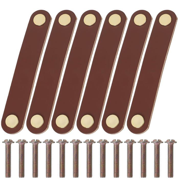 Lot de 6 poignées de meuble 140 mm en cuir marron avec boucle dorée - Pour tiroirs armoires de cuisine et commodes