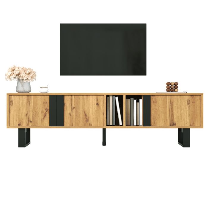Meuble TV Design Industriel 160 cm - Buffet Bas de Salon avec 3 Portes Compartiments Ouverts et Pieds en Métal Noir - Aspect Bois