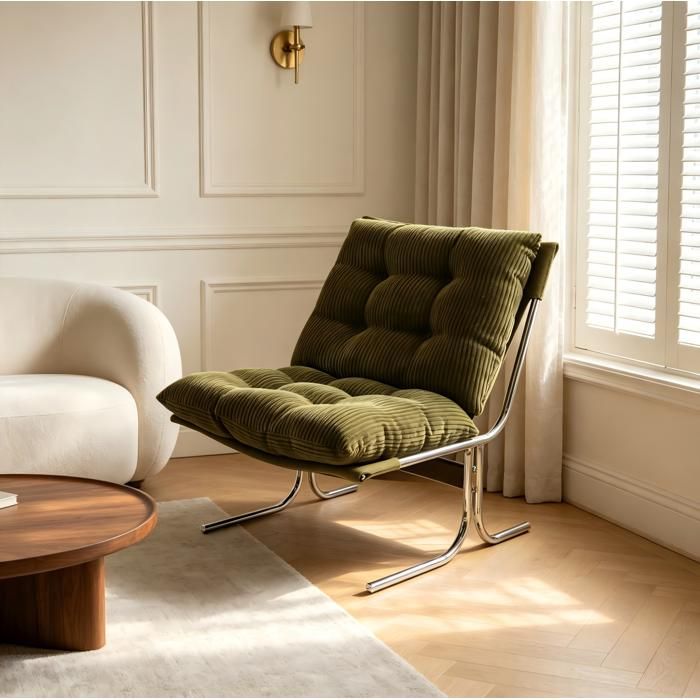 ROVRYN Fauteuil dappoint en tissu vert style Barcelona structure métal déhoussable montage facile