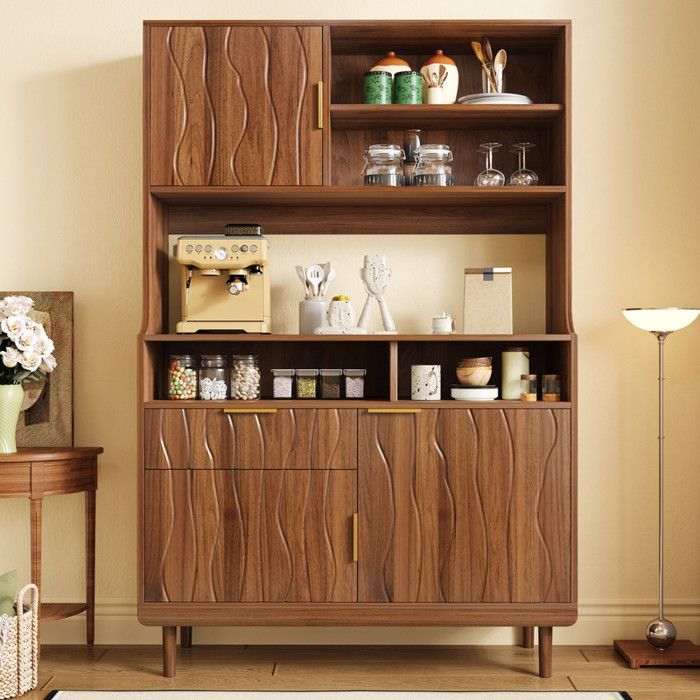 Buffet de cuisine armoire haute avec tiroir portes étagères ouvertes MDF et panneaux de particules pieds en bois massif noyer