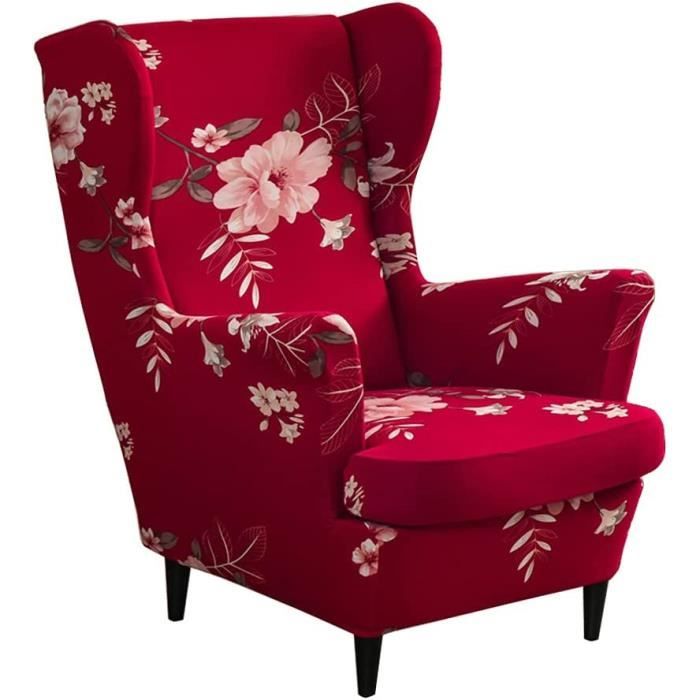 Housse De Fauteuil à Oreilles 2 Pièces - Taille Unique, Polyester Extensible, Lavable, Protection 360° (Rouge Vin) - 5