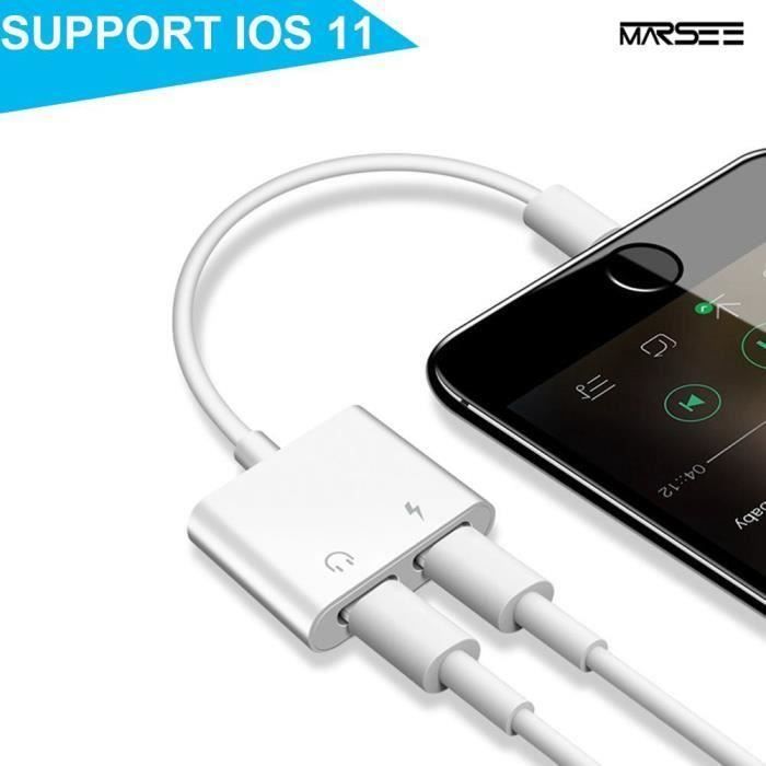 Adaptateur 2 en 1 - Apple - Lightning - Charge et audio simultanés - Compatible iPhone X/8/7