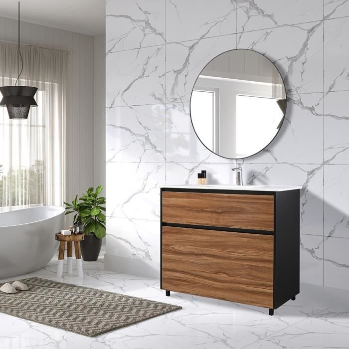 LuxuryBain - Meuble de salle de bain simple vasque 100cm sur pied noir et bois avec miroir