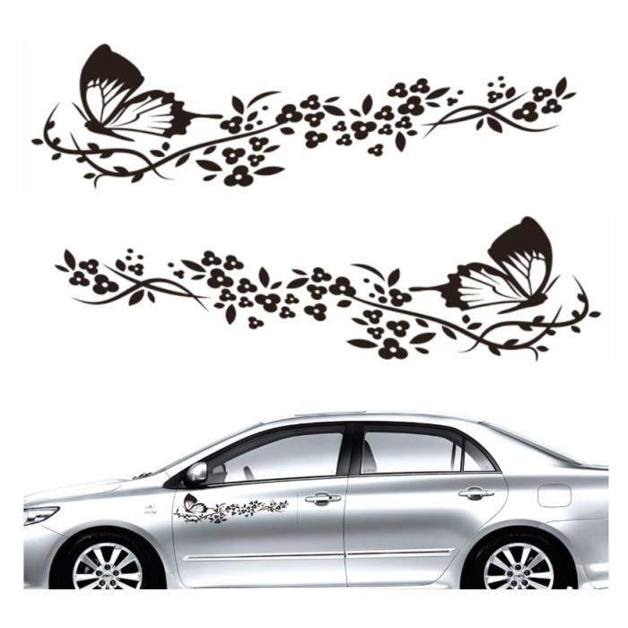 Autocollant Voiture - yd - Papillons et Fleurs - Noir - PVC - 30 cm