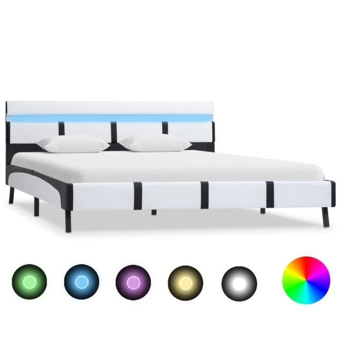 Cadre de lit avec LED Blanc Similicuir Chambre à Coucher 140 x 200 cm