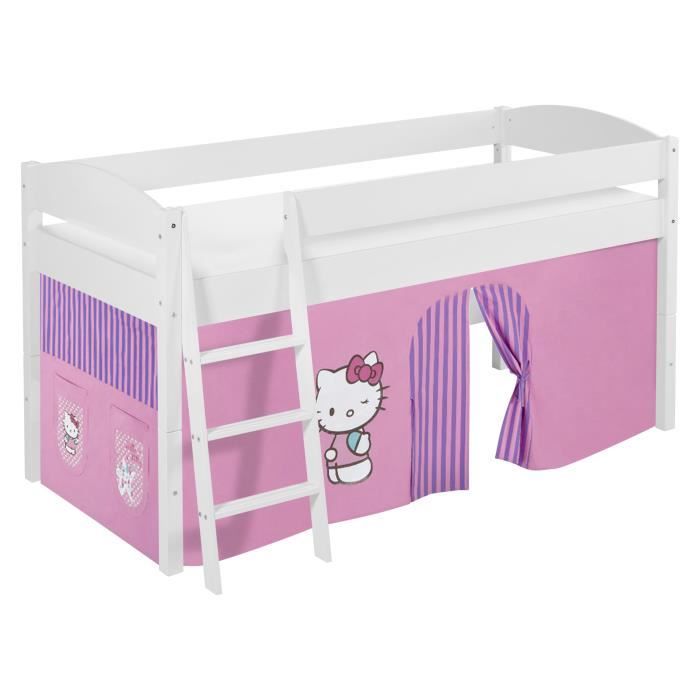 Lit surélevé ludique/évolutif - HELLO KITTY - IDA 4105 - Blanc laqué - Rideaux inclus - 90x200 cm Lit surélevé ludique/évolutif - HELLO KITTY - IDA 4105 - Blanc laqué - Rideaux inclus - 90x200 cm
