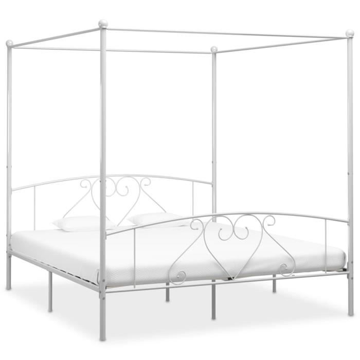 Lit adulte à baldaquin en métal blanc 180 x 200 cm - Robuste de Qualité