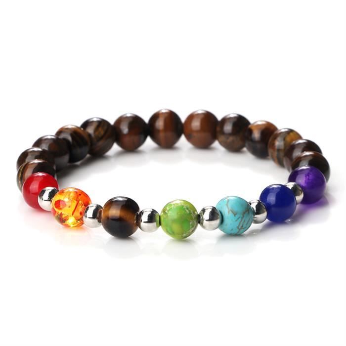 Bracelet En Oeil De Tigre Et 7 Chakras - Pierres Naturelles, Lithothérapie, Neuf Avec étiquettes, Fait En France