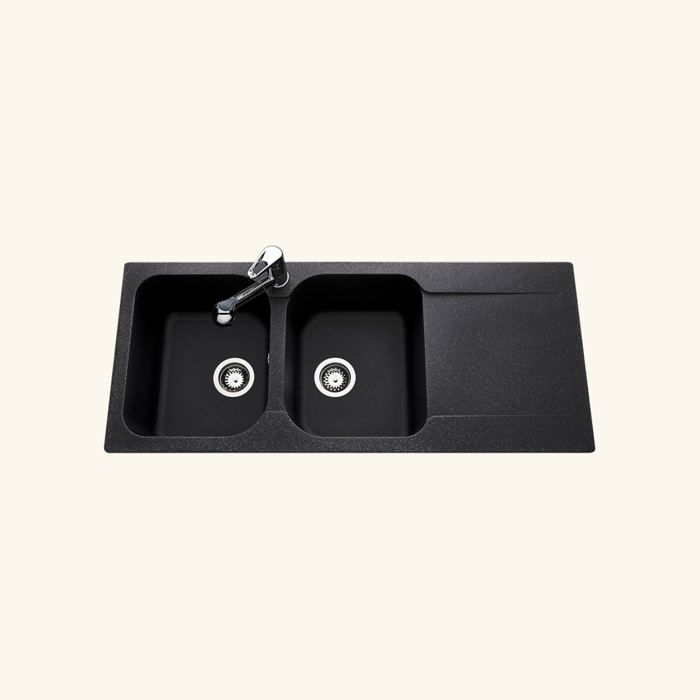 Évier résine noir légèrement moucheté Ewi ZIGGY 2 bacs 1 égouttoir 500x1160