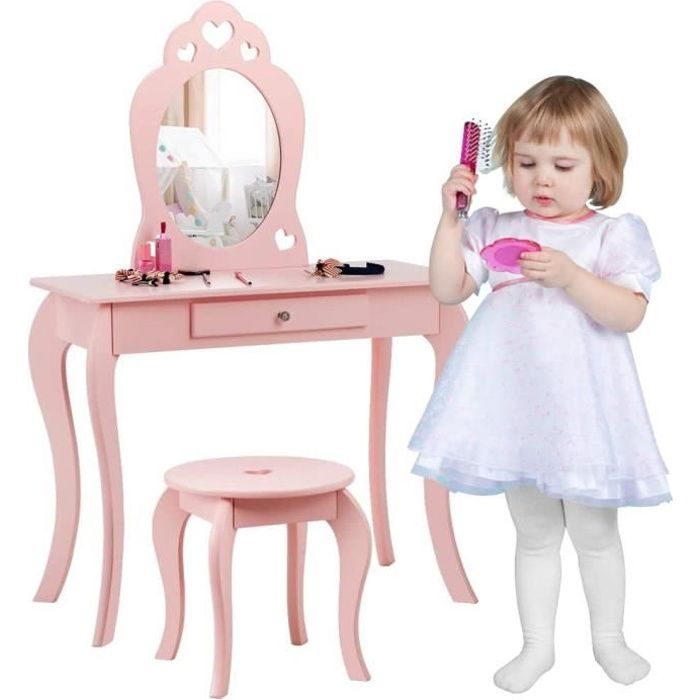 GOPLUS Ensemble de Coiffeuse pour Enfants avec Miroir Amovible, Table de  Maquillage avec Tabouret, Coiffeuse pour