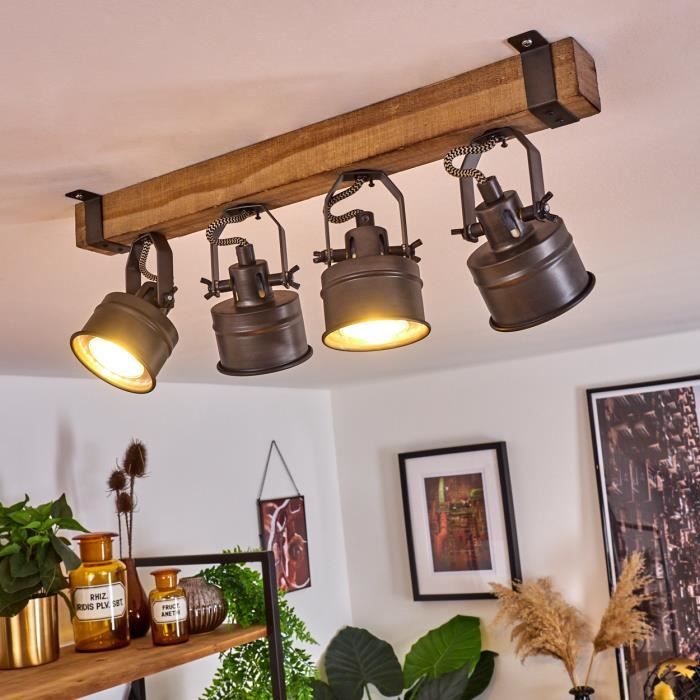 Plafonnier - HOFSTEIN - Villanuova - Métal/Bois Noir/Marron - 4 x GU10 - Design Vintage Plafonnier - HOFSTEIN - Villanuova - Métal/Bois Noir/Marron - 4 x GU10 - Design Vintage