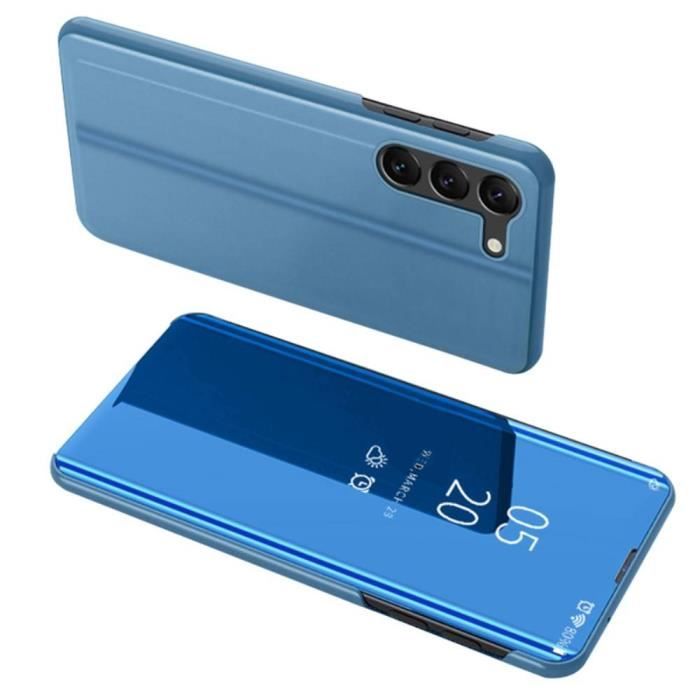 Housse pour Samsung Galaxy S24 5G - etui coque portefeuille clear view miroir + film ecran - BLEU
