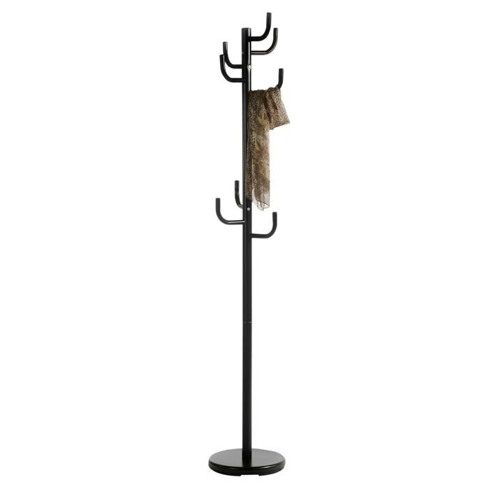 Porte-manteaux MILA portant pour vêtements sur pied hauteur 174 cm socle rond et 8 crochets meuble dentrée en métal laqué noir
