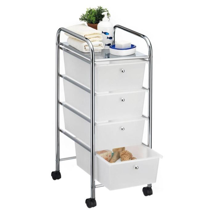 caisson sur roulettes sano chariot avec 4 tiroirs en plastique blanc transparent et 1 tablette, rangement salle de bain en métal