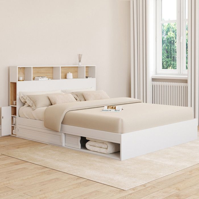 IDMARKET Lit double CLEM avec rangements + tête de lit et sommier 160 x 200 cm blanc et hêtre IDMARKET Lit double CLEM avec rangements + tête de lit et sommier 160 x 200 cm blanc et hêtre