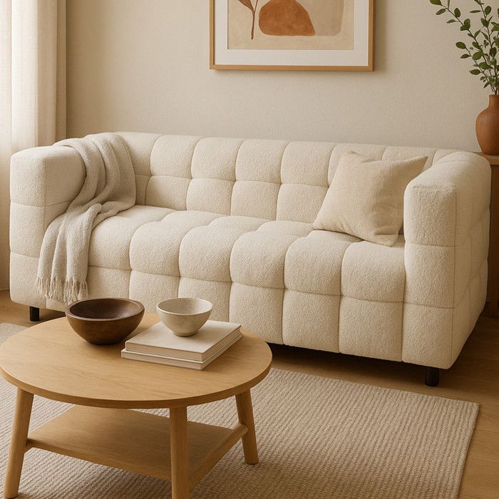 IDMARKET Canapé droit 2 places capitonné AMANCE en tissu bouclette beige