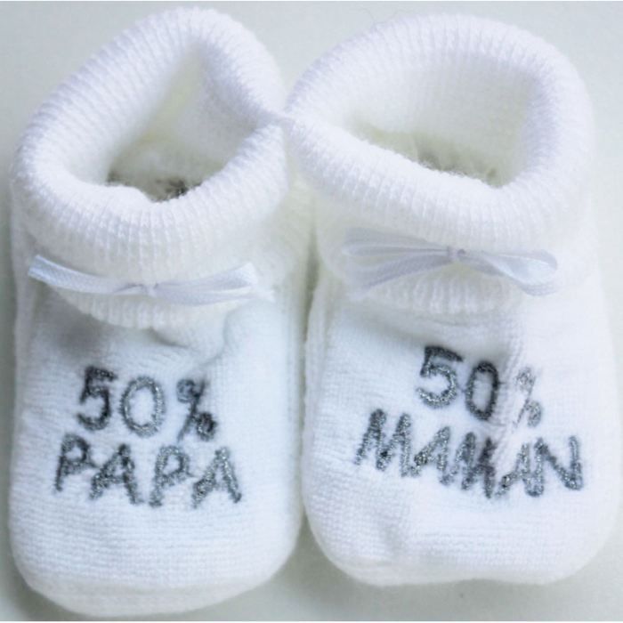 Chaussons bébé brodés '50% papa 50% maman' - HAPPY BABY - Blanc