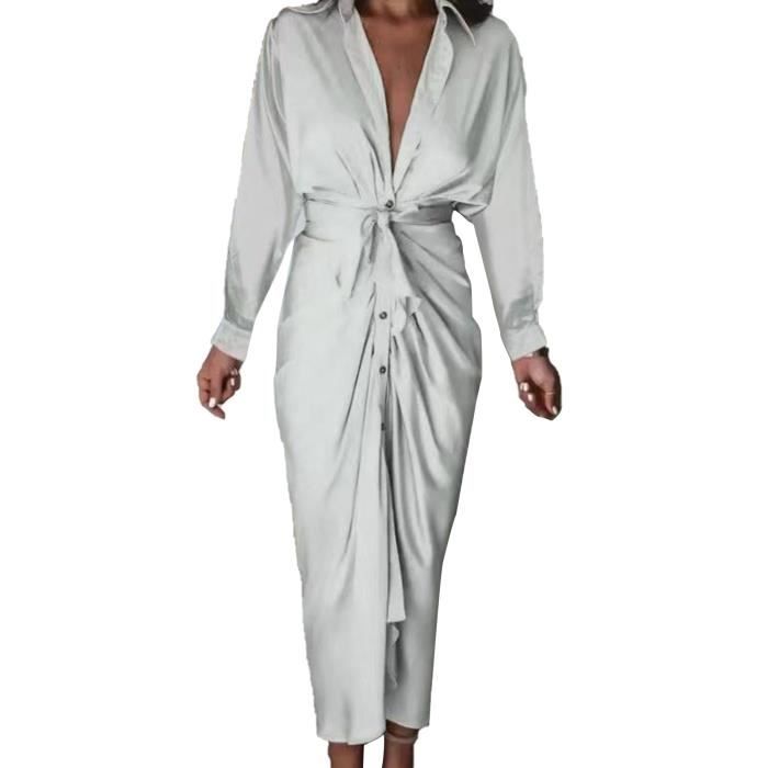 ROBE Office Lady Dress Couleur unie Satin Surface Automne Robe chemise