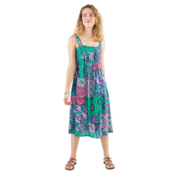 Robe Coline Mi-longue Neuve Taille M - Vert émeraude, Imprimé Sari Bohème, Fait Main En Inde