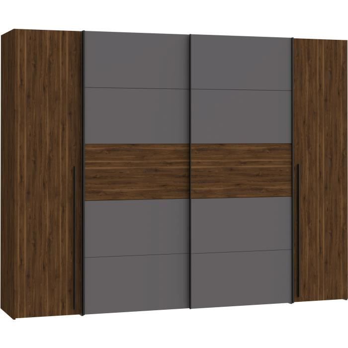 Armoire NARAGO - Décor Noyer Bakersfield et gris - 2 portes coulissantes + 2 portes battantes - L270