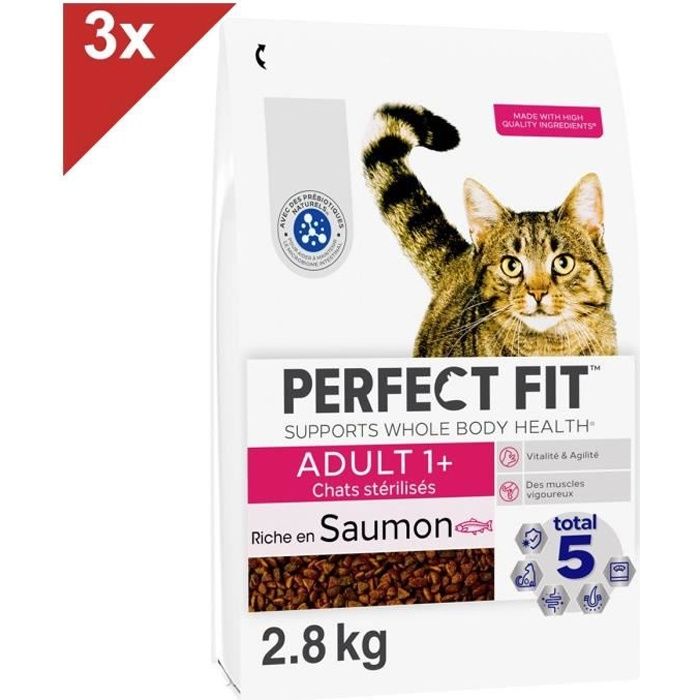 Comparer les prix de Croquettes pour chat adulte stérilisé - Riche en Saumon frais - Perfect Fit - 3x2,8kg