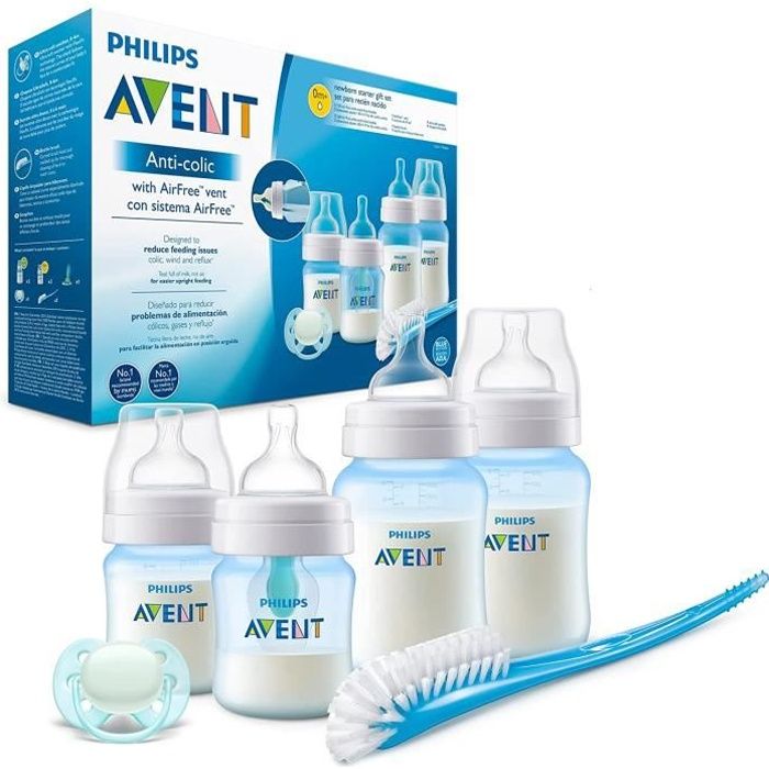 Philips Avent Kit nouveau-né - Coffret cadeau anti-coliques avec valve AirFree™, 4 biberons sans BPA, 1 goupillon de nettoyage