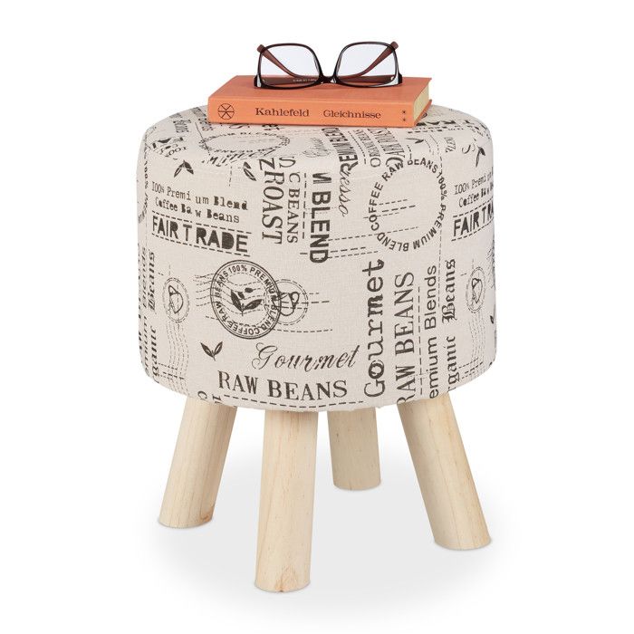 Relaxdays pouf coiffeuse avec revêtement en tissu pieds en bois rembourré tabouret rond HxD: 38 x 32 cm crème