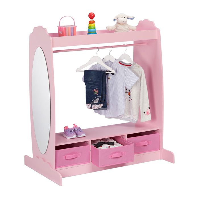 Relaxdays Garde-robe pour enfant 5 compartiments armoire chambre denfant tringle et miroir HLP 107x97 5x61 cm rose