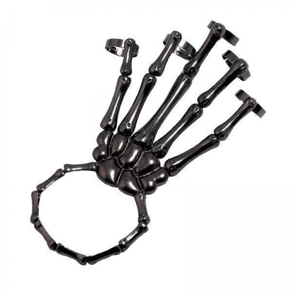 Bracelet Main Squelette Crâne Halloween - Anneau Assorti, Métal Argenté, Réglable, Style Punk Et Gothique