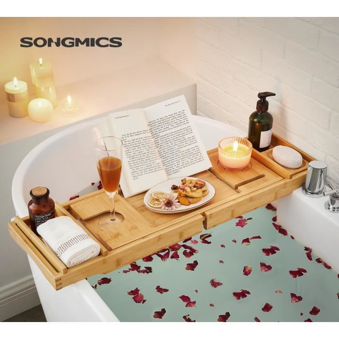 Plateau De Baignoire Extensible En Bambou - Porte-gobelet, Porte-Savon, 75-111 Cm, Noir
