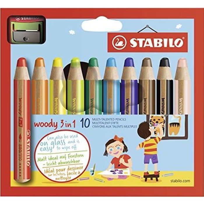Crayon de coloriage - STABILO woody 3in1 - Étui carton x 10 crayons de couleur + taille-crayon SW880-10-2